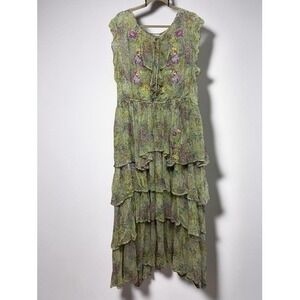 Sundance Green/Purple Tiered Floral Embr. Edith Derby Maxi Dress Women 2XL India